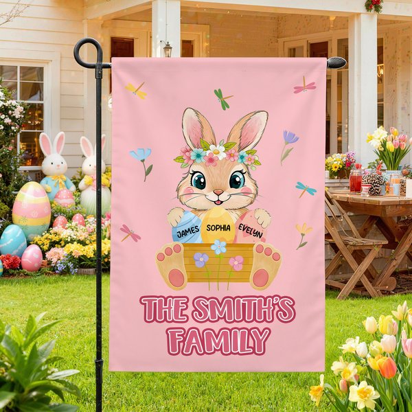 Personalized Multicolor Cute Wreath Bunny Easter Eggs Garden Flag with Names Outdoor Decor Easter Gift for Family Friends