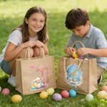 Personalised He Is Risen Cross Sheep Jute Tote Bag with Name Egg Hunting Accessories Easter Gift for Boys Girls