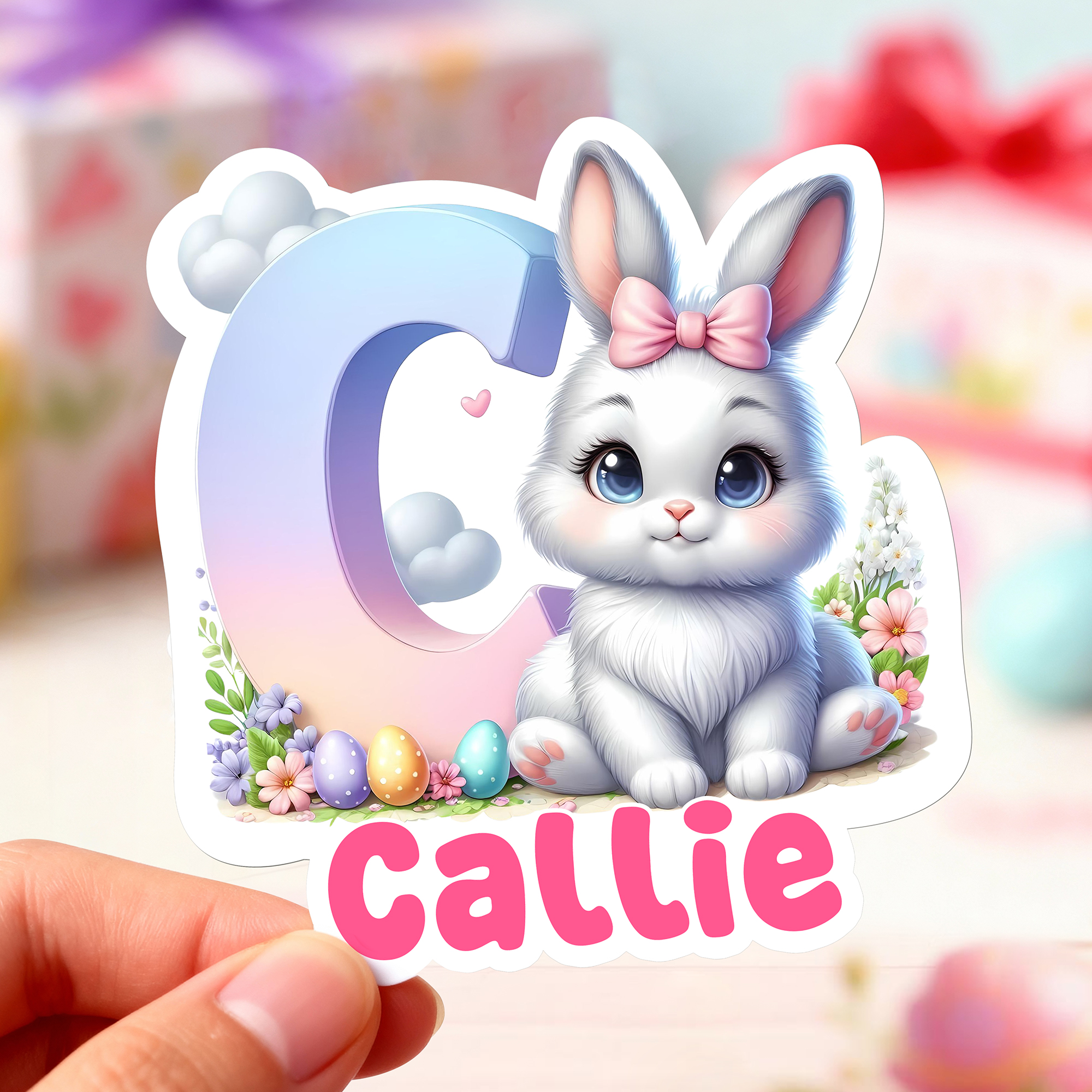 Autocollant personnalisé Lapin de Pâques Initial imperméable avec nom Décoration cadeau de Pâques pour enfants