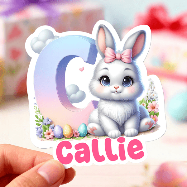 Personalized Cute Easter Bunny Initial Waterproof Sticker with Name Easter Party Gift Decoration for Kids