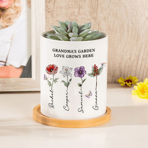 Personalized Crystal Birth Flower Butterfly Ceramic Plant Pot with Names Mother's Day Birthday Gift for Mom Grandma