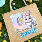 Personalized Cute Bunny Easter Eggs Jute Tote Bag with Initial and Name Egg Hunting Accessories Easter Party Favors for Boys Girls