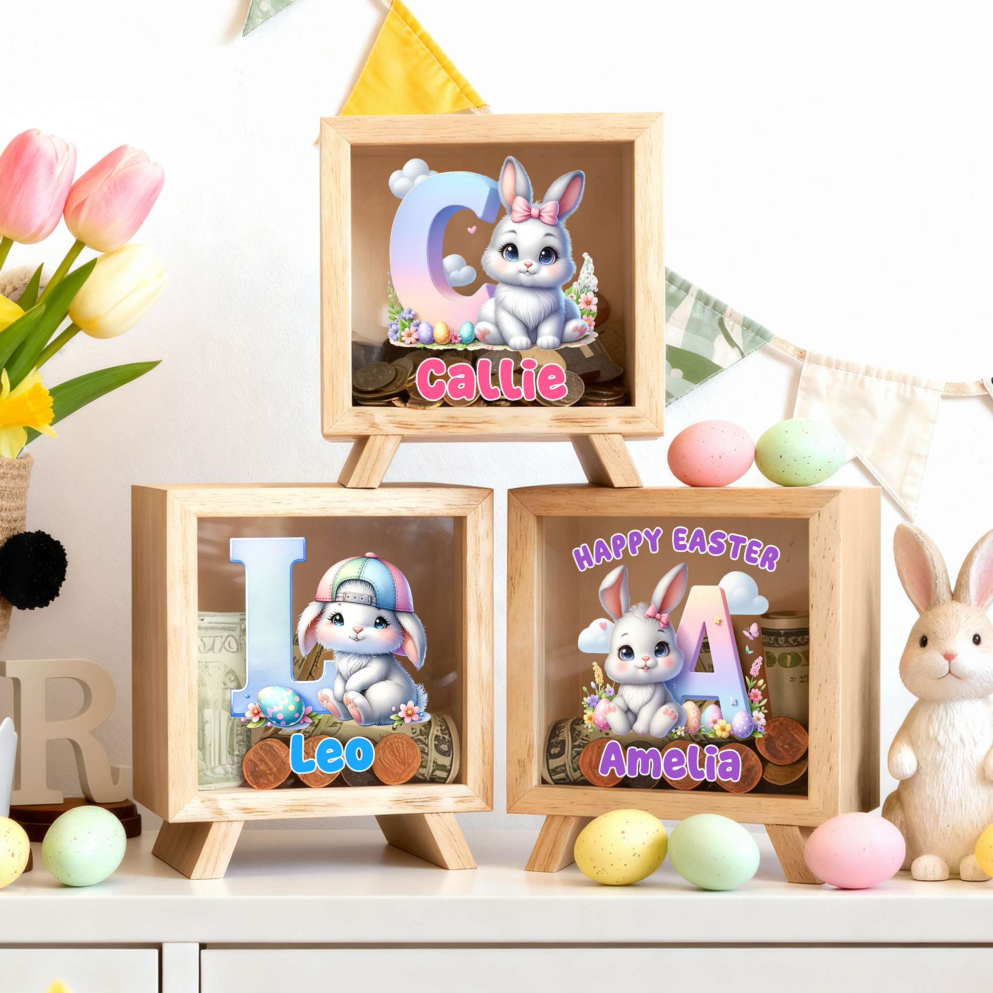 Tirelire à fenêtre transparente avec initiales et nom Cadeau de Pâques personnalisé pour les enfants
