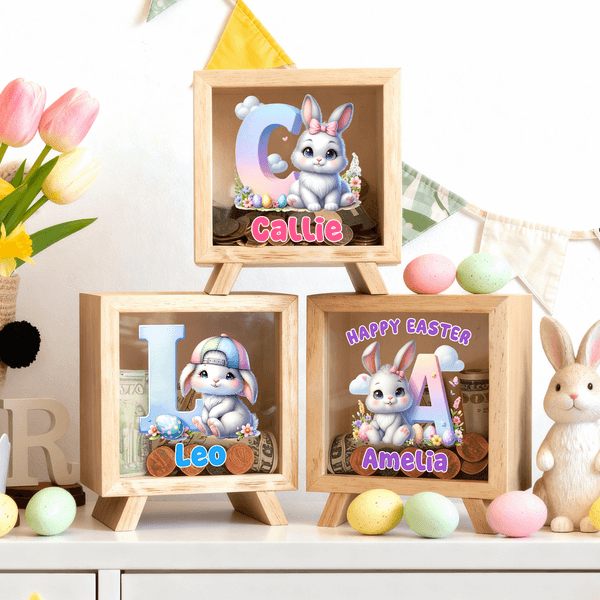 Personalized Happy Easter Cute Easter Bunny Clear Window Money Box Piggy Bank with Initial and Name Room Decor Easter Gift for Kids