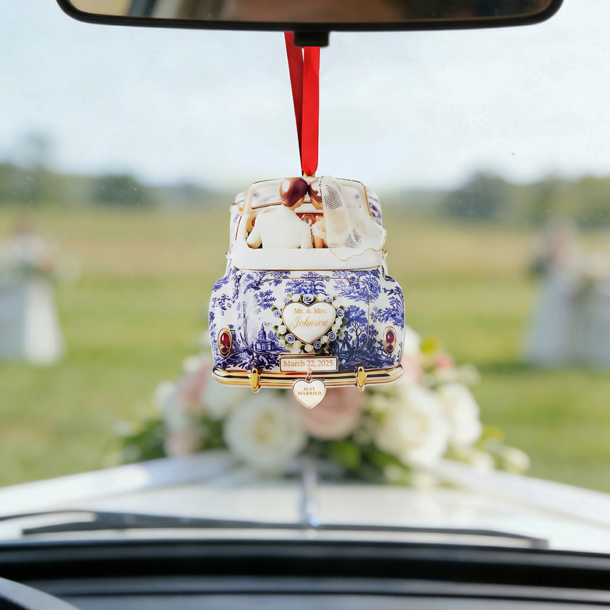 Ornement personnalisé Just Married Wedding Car Acrylic Ornament with Surname and Date Wedding Anniversary Gift for Newlyweds (Cadeau d'anniversaire de mariage pour les jeunes mariés)