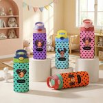 Personalized Polka Dot Cute Cartoon Black Girl Name 12 oz 16 oz Water Bottle with Straw and Handle Back to School Birthday Gift for Girls