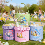 Personalisierte niedliche Bagger Kaninchenohren Osterei Plaid Osterkorb mit Initial und Name Ostereiersuche Geschenk für Jungen Mädchen