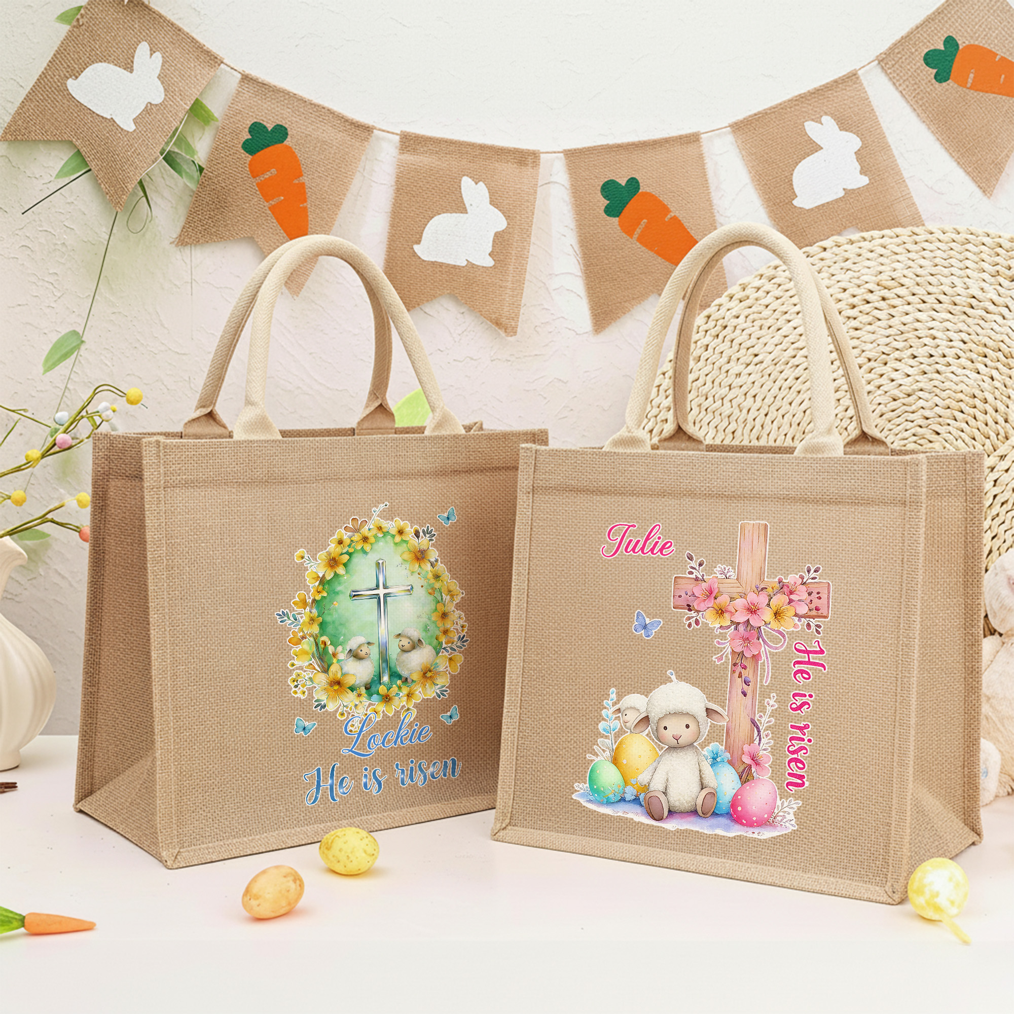 Sac en toile de jute avec nom Accessoires de chasse aux oeufs Cadeau de Pâques pour garçons filles