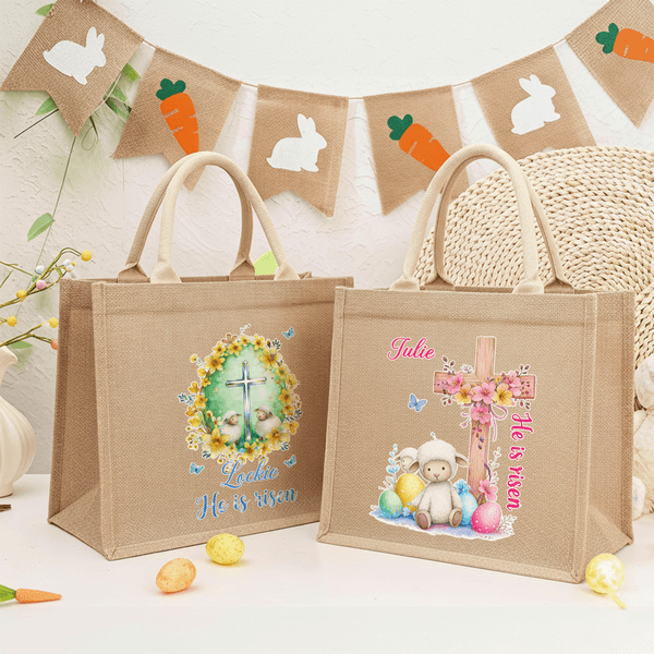Personalised He Is Risen Cross Sheep Jute Tote Bag with Name Egg Hunting Accessories Easter Gift for Boys Girls