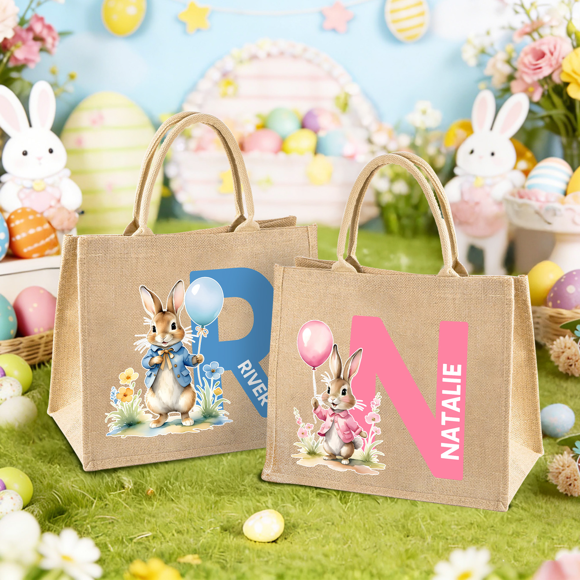 Sac en toile de jute personnalisé avec initiale et nom Chasse aux oeufs Cadeau de Pâques pour enfants