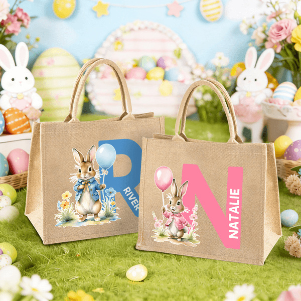 Personalised Watercolour Bunny Balloon Jute Tote Bag with Initial and Name Egg Hunting Party Easter Gift for Kids