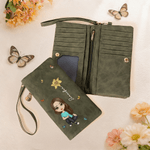 Personalized Cartoon Girl Women Character Birth Flower PU Leather Wristlet Wallet with Name and Multiple Card Slots Birthday Anniversary Gift for Her