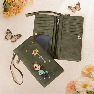Personalized Cartoon Girl Women Character Birth Flower PU Leather Wristlet Wallet with Name and Multiple Card Slots Birthday Anniversary Gift for Her