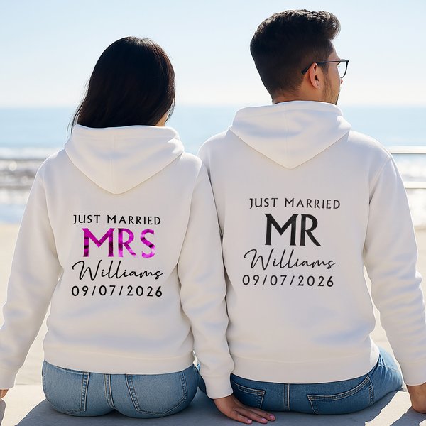 Personalized Just Married Mrs Mr Multicolor 100% Cotton Zip Up Hoodie with Name Wedding Bridal Shower Honeymoon Gift for Bride Groom Couple
