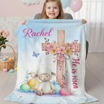 Personalised He Is Risen Cross Sheep Soft Throw Blanket with Name Home Decor Egg Hunting Easter Gift for Kids