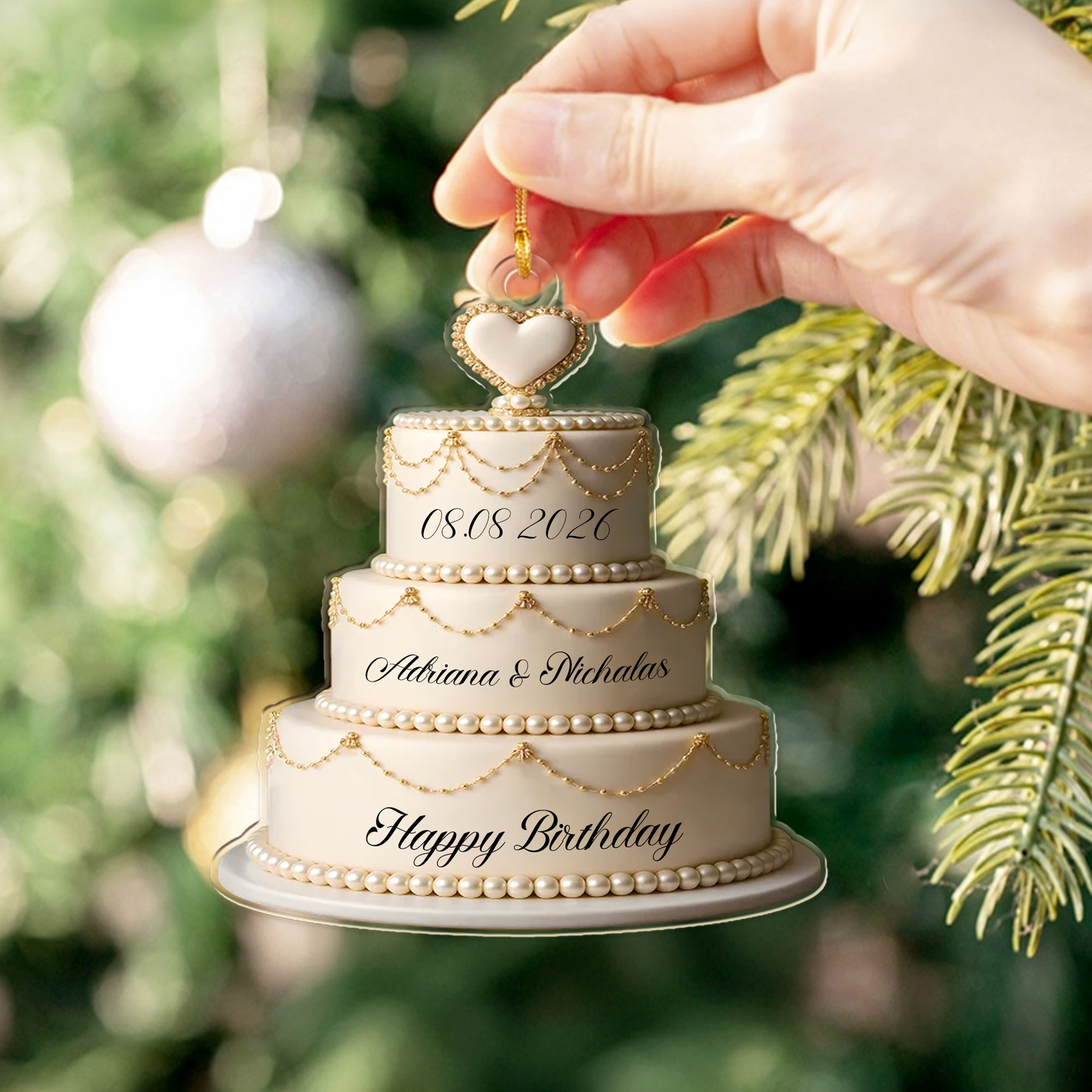 Ornement en acrylique en forme de gâteau personnalisé avec nom Décoration d'arbre de mariage Cadeau d'anniversaire de Noël pour couple