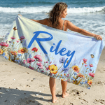 Personlig akvarellblomst hurtigtørkende overdimensjonert mikrofiber strandhåndkle med navn strandfest feriegave til familie venner