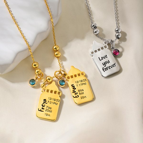 Personalised Baby Birth Stats 1-3 Baby Bottle Necklace with Engraved Text and Birthstone Birth Announcement Baby Shower Gift for Kid New Mom