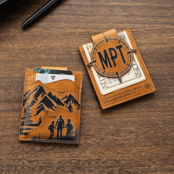 Personalized Compass Mountain Crazy Horse PU Card Holder Wallet with Acronym Father's Day Gift for Father