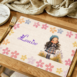 Personalized Flower Cartoon Character Rectangle Linen Placemat with Name Dining Decor Daily Use Birthday Gift for Kids Family