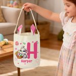 Personalized Cute Bunny Ears Rabbit Easter Basket with Name and Initial Eggs Hunting Party Favor Easter Gift for Kids