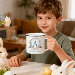 Personalised Multi-Colour Watercolor Bow Rabbit 12 oz Enamel Mug with Name and Initial Daily Use Easter Gift for Boys Girls
