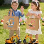 Personalized Excavator Easter Egg Bunny Ears Jute Tote Bag with Initial and Name Egg Hunting Accessories Easter Gift for Kids