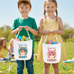 Personalised Leopard Print Rabbit Large Capacity Canvas Easter Basket with Name Eggs Hunting Party Easter Day Gift for Kids