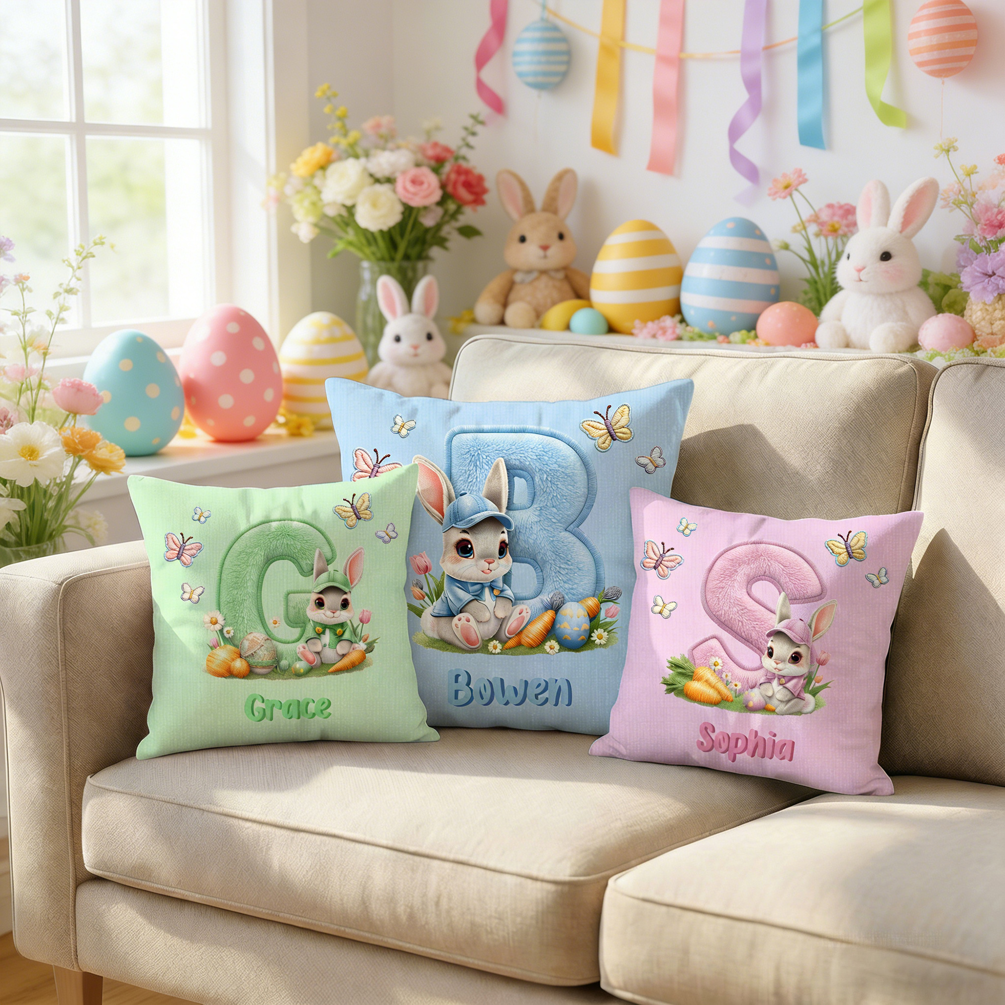 Taie d'oreiller personnalisée en forme de lapin et de papillon multicolore avec nom Cadeau de fête de Pâques pour enfants