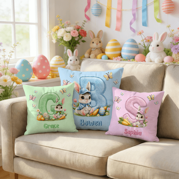 Personalised Cute Bunny Butterfly Multicolour Cushion Cover with Name Home Decor Easter Party Gift for Kids