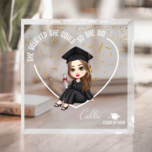 Gepersonaliseerd Cartoon Afstuderen Hart Vierkant Acryl Plaquette met Naam Desk Decor Verjaardag Afstuderen Gift voor afgestudeerden