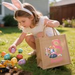 Personalized Excavator Easter Egg Bunny Ears Jute Tote Bag with Initial and Name Egg Hunting Accessories Easter Gift for Kids