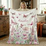 Personalized Pink Wildflower Butterfly Soft Throw Baby Blanket with Name Home Decor Birthday Baby Shower Gift for Newborns Girls