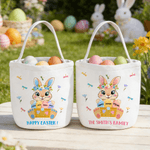 Personalized Cute Wreath Rabbit Easter Eggs Dragonfly Canvas Easter Basket with Names and Text Easter Egg Hunting Party Easter Gift for Kids