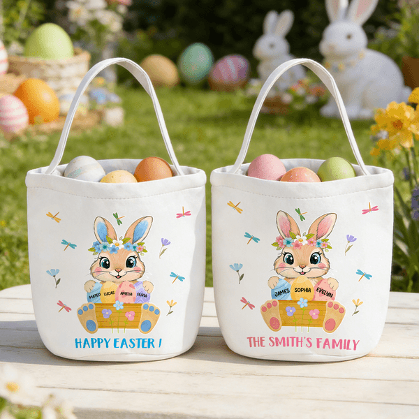 Personalized Cute Wreath Rabbit Easter Eggs Dragonfly Canvas Easter Basket with Names and Text Easter Egg Hunting Party Easter Gift for Kids
