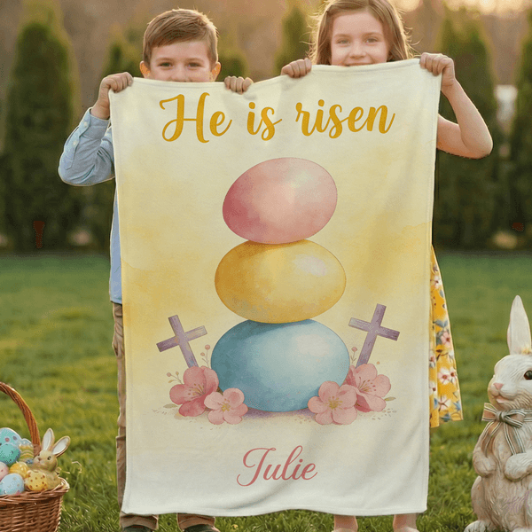 Personalized He Is Risen Cross Sheep Soft Throw Blanket with Name Home Decor Egg Hunting Easter Gift for Kids