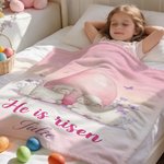 Personalised He Is Risen Cross Sheep Soft Throw Blanket with Name Home Decor Egg Hunting Easter Gift for Kids