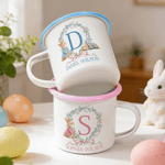 Personalised Multi-Colour Watercolor Bow Rabbit 12 oz Enamel Mug with Name and Initial Daily Use Easter Gift for Boys Girls