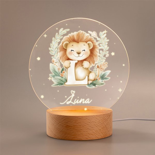 Personalised Woodland Animals Initial LED Night Light with Name and Wooden Base Forest Themed Room Decor Birthday Baby Shower Gift for Toddler Kid