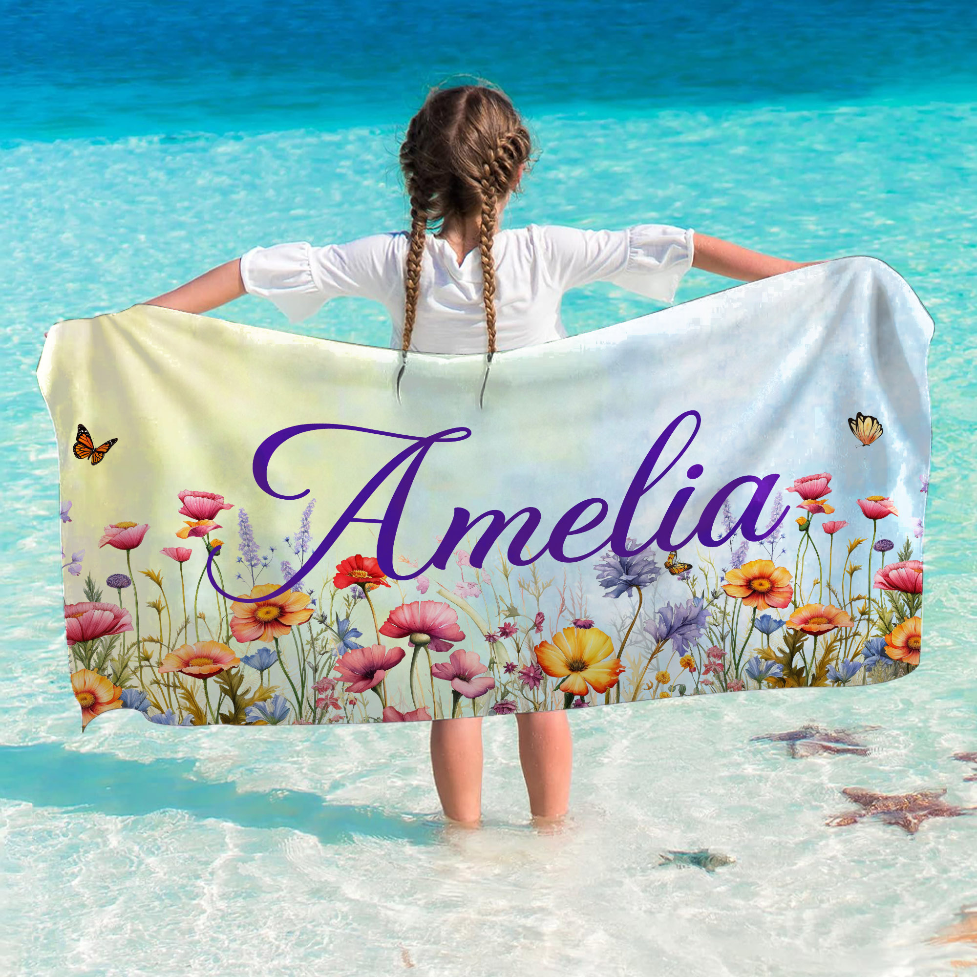 Serviette de plage en microfibre surdimensionnée à séchage rapide avec nom, fleur aquarelle personnalisée Cadeau de fête pour la famille et les amis