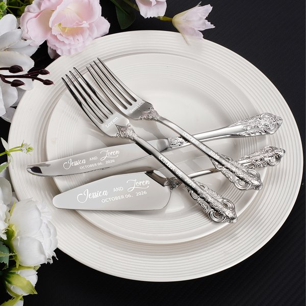 Personalised Vintage Handle Cake Fork Knife Server Cutting Set with Names Date and Box Wedding Engagement Anniversary Gift for Couple Newlyweds