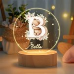 Personalised Woodland Animals Initial LED Night Light with Name and Wooden Base Forest Themed Room Decor Birthday Baby Shower Gift for Toddler Kid