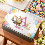 Personalized Cute Excavator Bunny Easter Egg Food Grade Metal Biscuit Tin Storage Box with Name and Initial Easter Party Gift for Kids