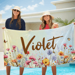 Personlig akvarellblomst hurtigtørkende overdimensjonert mikrofiber strandhåndkle med navn strandfest feriegave til familie venner