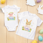 Personalized Flower Circle Cartoon Easter Bunny 100% Cotton Bodysuit Kid's T-shirt with Name Baby Shower First Easter Gift for Baby Kid