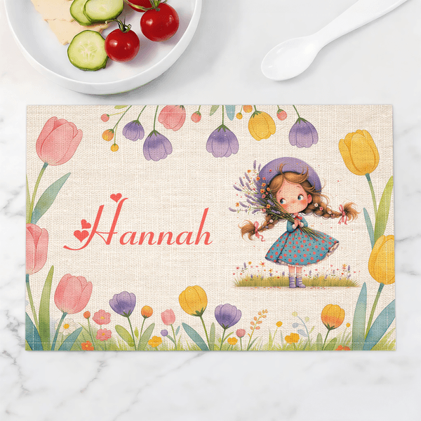Personalized Flower Cartoon Character Rectangle Linen Placemat with Name Dining Decor Daily Use Birthday Gift for Kids Family