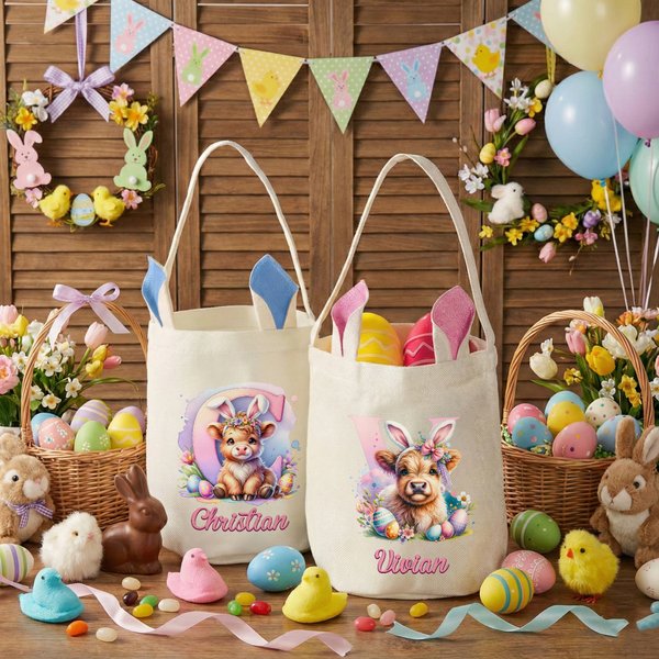 Personalisierte niedlichen Hochland Kuh Hase Ei Osterkorb mit Namen und Hasenohren Eierjagd Zubehör Ostern Geschenk für Kinder