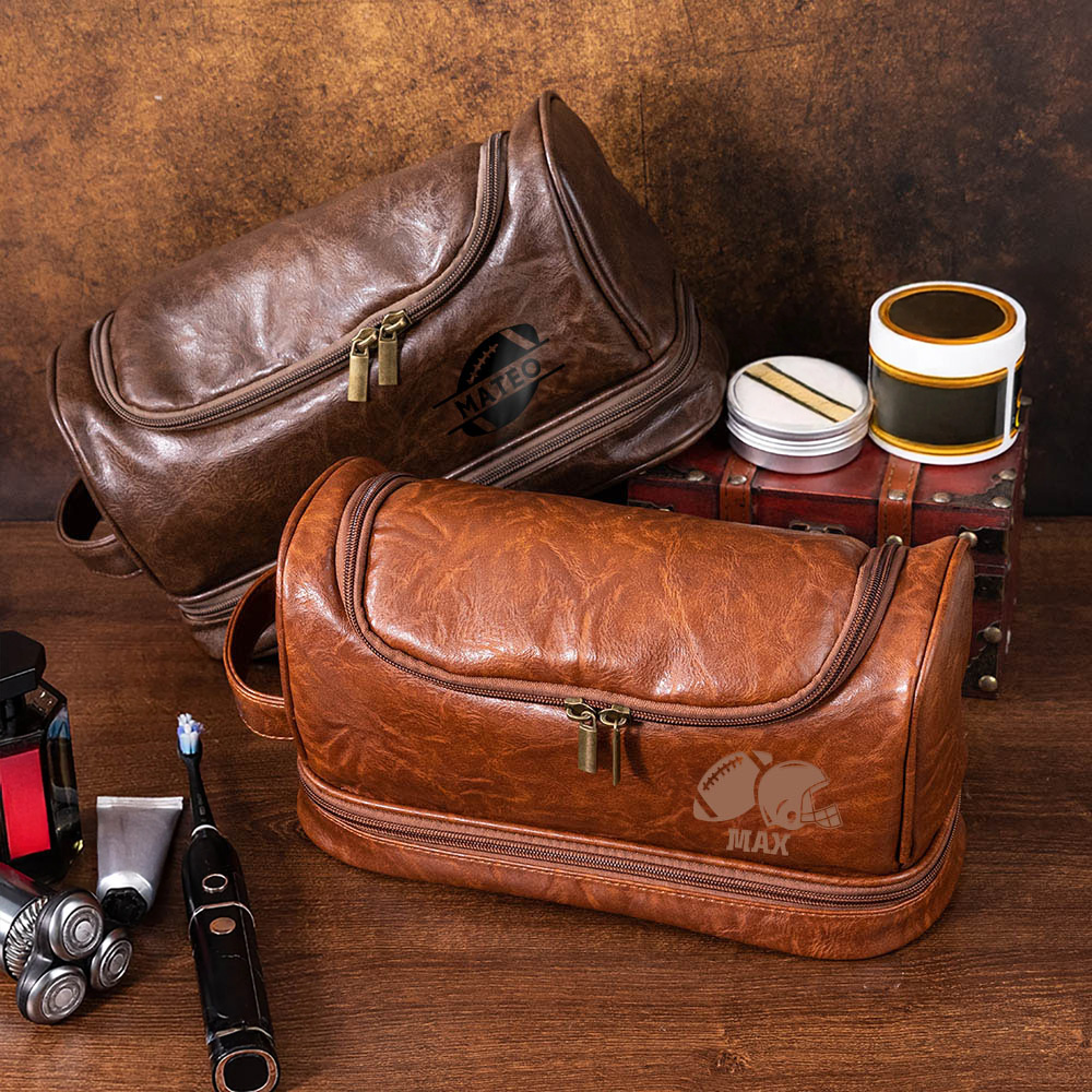 Trousse de Toilette Portable Personnalisée avec Nom à Motif de Football Américain Essentiel de Voyage en Cuir Cadeau Anniversaire Noël pour Homme