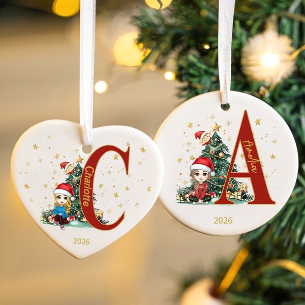 Personalized Cartoon Character Christmas Tree Ceramic Ornament with Initial and Name Christmas Decor  Gift for Family Kids