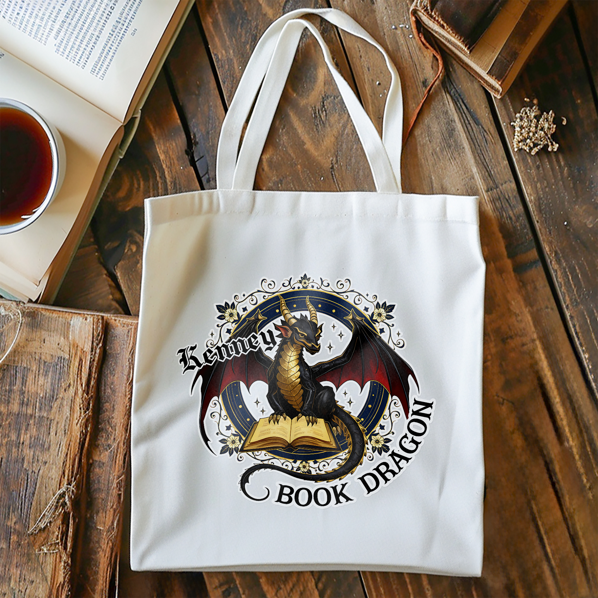 Livre Dragon Personnalisé Grand Sac en Toile avec Nom Voyage Essentiel Club de Livre Cadeau d'Anniversaire pour Amoureux de la Lecture Rat de bibliothèque